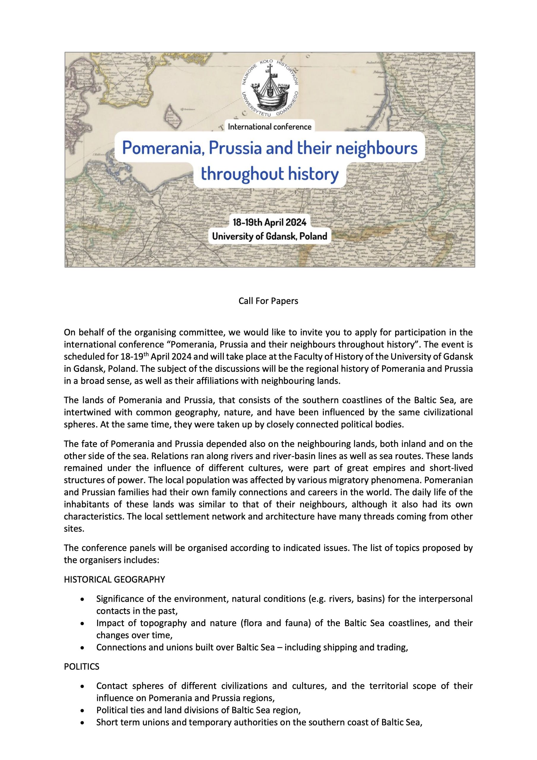 You are currently viewing CfP: “Pomerania, Prussia and their neighbours throughout history”